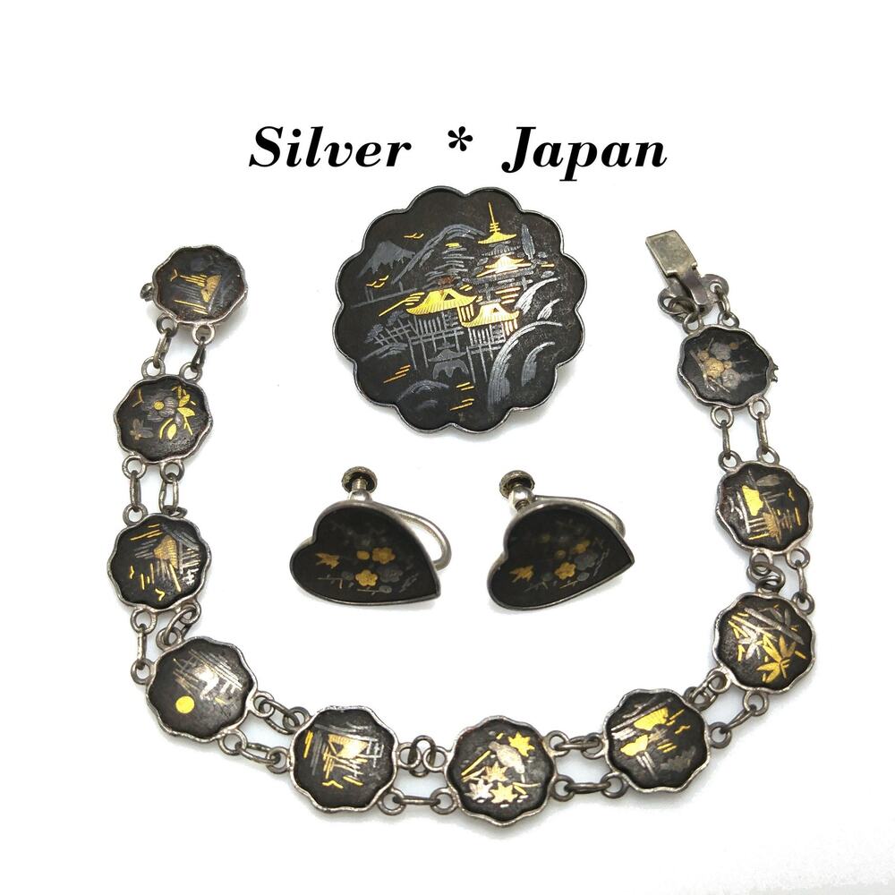 Japanese Damascene Silver Jewelry, Bracelet Brooch Earrings, 1940s Vintage